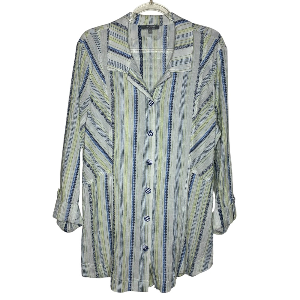 Habitat Clothes To Live In Womens Small Shirt Top Blue Green Roll Tab Sleeve